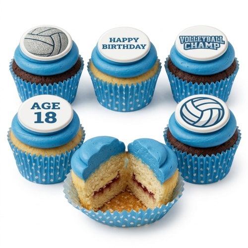 Blue and white volleyball themed birthday cupcakes with "Happy Birthday" and "Volleyball Champ" toppers, and a custom age topper.