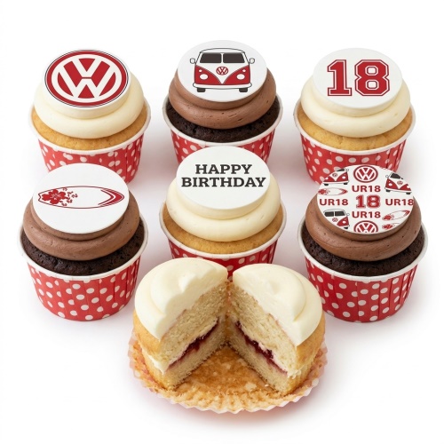 VW Campervan and surfboard themed birthday cupcakes with custom age topper and Happy Birthday message.
