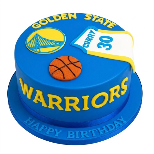 Round blue Golden State Warriors basketball birthday cake with team logo, Curry 30 jersey, and a basketball.