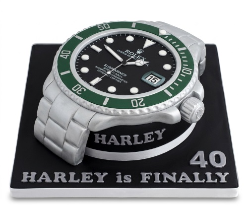 3D luxury watch birthday cake on a black board with custom message and age.