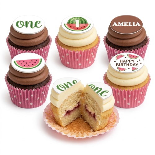 1st birthday watermelon cupcakes with 'one' and '1' toppers, some with personalised name and 'Happy Birthday' messages.