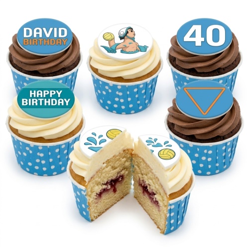 Close-up of water polo themed birthday cupcakes with custom age and name toppers.