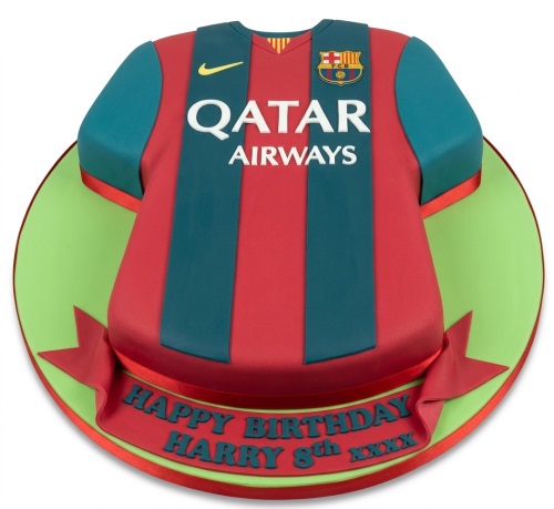Barcelona football jersey birthday cake with club crest and customisable message.