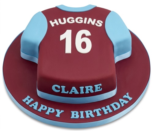 West Ham themed football jersey birthday cake in claret and blue with customisable name and number.