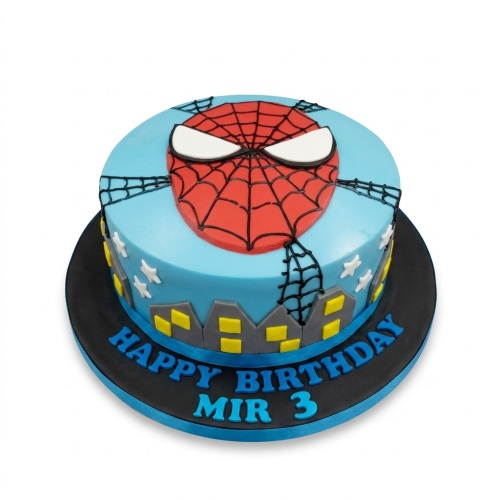 Round blue Spiderman birthday cake with red mask, webs, city skyline, and custom age message.
