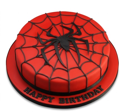 Round red birthday cake with black spider web design and a black spider on top, with 'Happy Birthday' written on the cake board.
