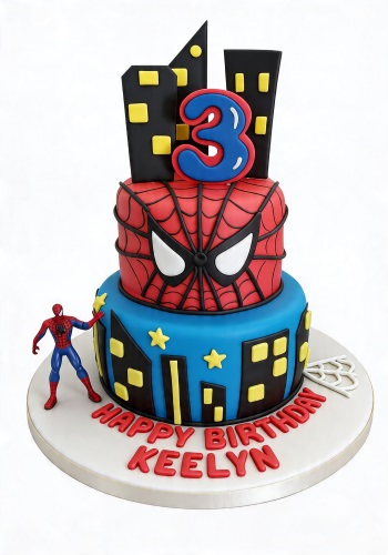 Two-tier Spiderman themed birthday cake with red web design, blue cityscape, number topper, and Spiderman figure.