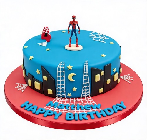 Round blue Spiderman themed birthday cake with city skyline, spiderwebs, and a number topper.