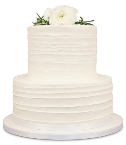 Two-tier white birthday cake with textured buttercream and white floral and green sprig decorations.