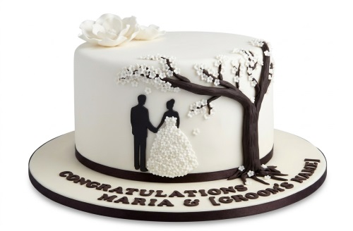 White wedding cake with dark brown tree, white sugar flowers, and a silhouette of a bride and groom.