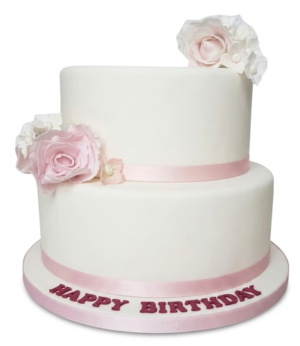 Two-tier white birthday cake with pink ribbon and sugar flowers, 'Happy Birthday' message.