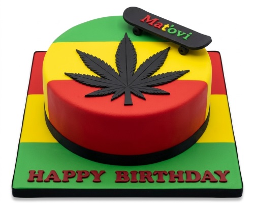 Round birthday cake with green, yellow, red Rasta colours, black cannabis leaf, and skateboard topper.