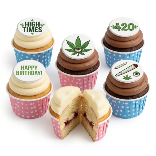 Cupcakes with white and chocolate frosting, decorated with cannabis leaf, joint, '420', and 'Happy Birthday!' toppers.