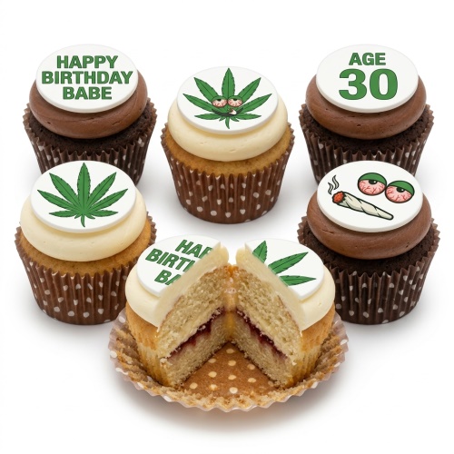 Cupcakes with green cannabis leaf toppers, some with red eyes and a joint, for an adult birthday.