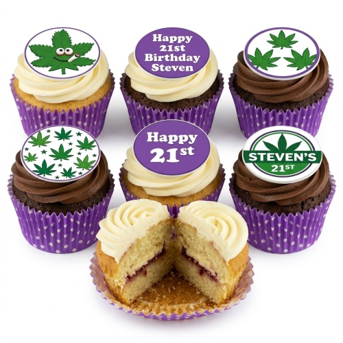 A set of vanilla and chocolate cupcakes with purple polka dot cases and green cannabis leaf themed edible toppers.