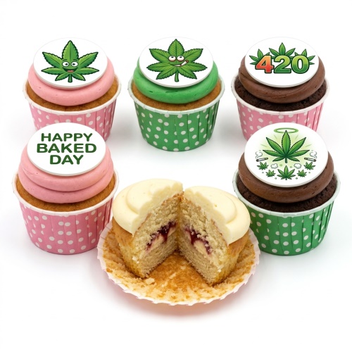 A selection of 420 themed cupcakes with cannabis leaf toppers and a 'Happy Baked Day' message, in pink and green cases.