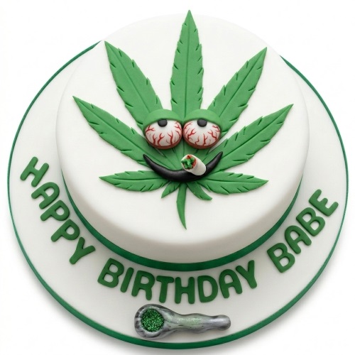White round cake with green cannabis leaf design, bloodshot eyes, joint, and pipe.