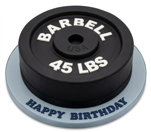Black barbell weight plate birthday cake with "BARBELL" and "45 LBS" in white, on a light blue board with "Happy Birthday".