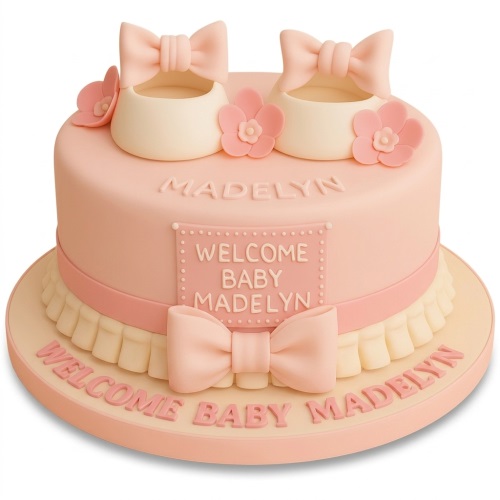 Pink baby shower cake with white baby booties, bows, and small flowers, ready for personalisation.