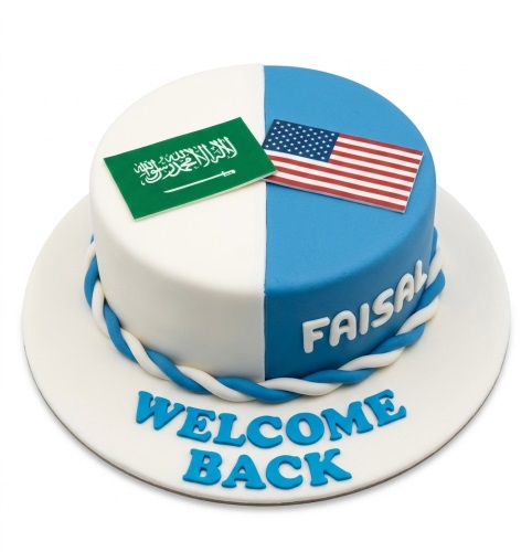 Round welcome back cake with white and blue fondant, Saudi Arabian and USA flags, and a twisted rope border.