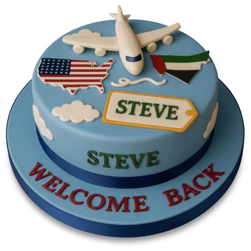 Blue travel theme cake with a fondant airplane, USA and UAE flag maps, and a custom welcome back message.
