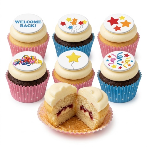 Assorted celebration cupcakes with white frosting, star, streamer, and 'Welcome Back!' toppers.