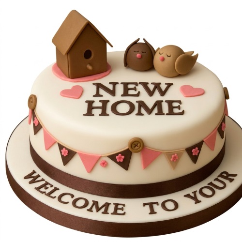 Round white New Home cake with brown birdhouse, two brown birds, pink hearts, and brown and pink bunting.