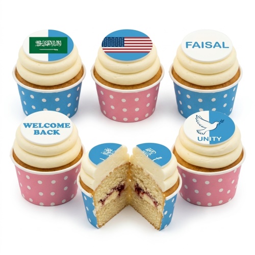 Vanilla cupcakes with white buttercream and custom edible disc toppers featuring flags, names, and messages.