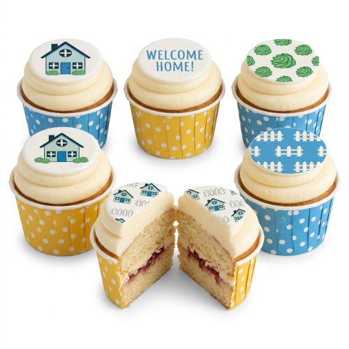 A set of six cupcakes with white frosting, some topped with house designs, fence patterns, and a 'WELCOME HOME!' message, in blue and yellow polka dot cases.