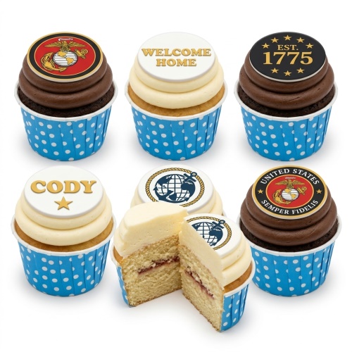 Welcome Home cupcakes with military emblems, "Welcome Home" message, and a custom name topper.