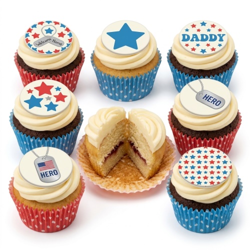 Cupcakes with red, white, and blue star toppers, some with 'Welcome Home', 'DADDY', and 'HERO' dog tags.