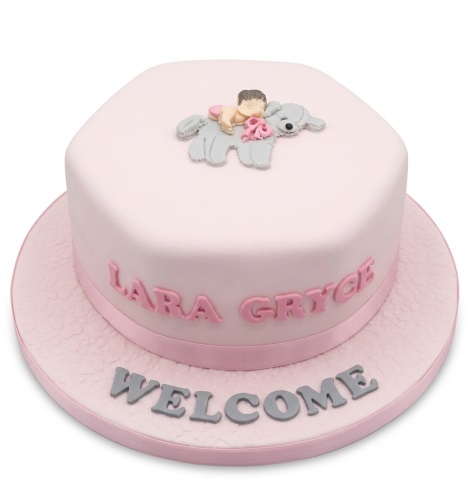 Pink hexagonal cake with a baby on an elephant topper and a custom welcome message.