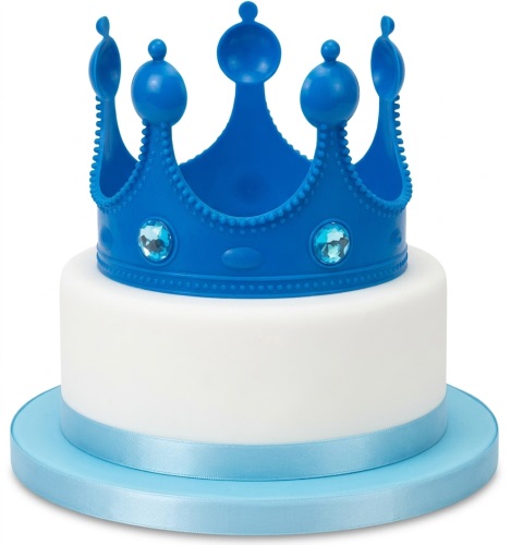 White round cake with a blue prince crown topper and light blue ribbon on a blue cake board.