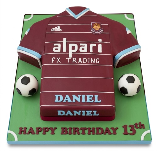 West Ham United football shirt birthday cake with two footballs and custom age message.