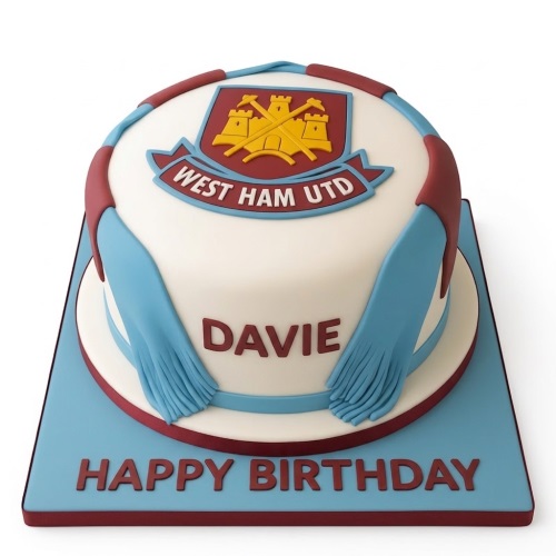 Round white football birthday cake with West Ham United crest and claret and blue scarf design.