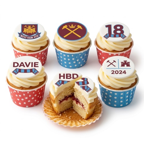 West Ham United football cupcakes with club crest, hammers, scarf, and custom age/name toppers.