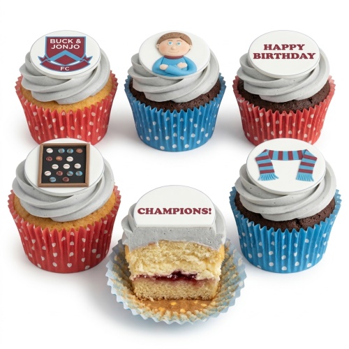 Assortment of football-themed cupcakes with claret and blue designs, including a custom crest, scarf, boy figure, sports balls, and "Happy Birthday" and "Champions!" messages.