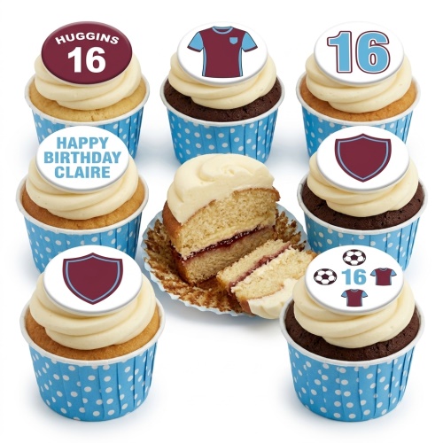 Assortment of football theme birthday cupcakes with custom age and personalised message toppers.