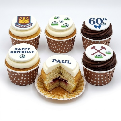 Six football-themed cupcakes with West Ham United crest, footballs, and customisable toppers.