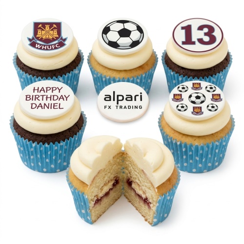 West Ham football themed cupcakes with club crest, footballs, custom age, and personalised message.