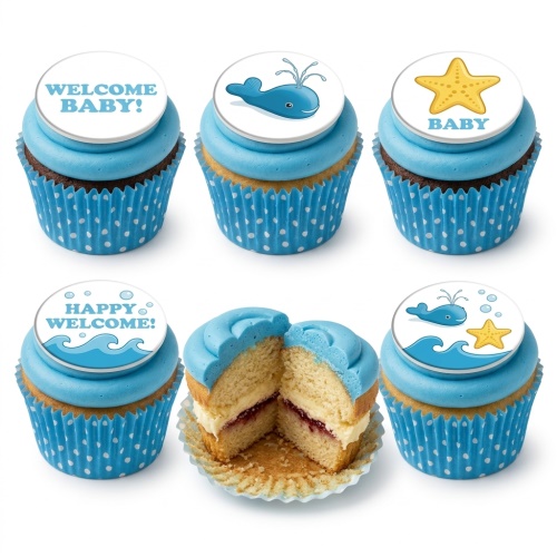 Blue cupcakes with whale, starfish, and "Welcome Baby" toppers for a baby shower.