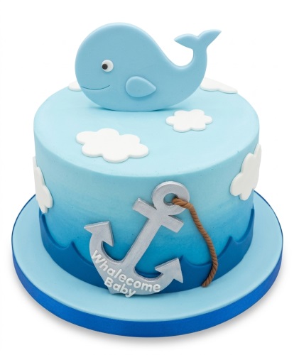 Round blue ombre cake with a whale topper, white clouds, and a silver anchor with "Whalecome Baby" text.