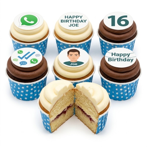 Six birthday cupcakes with WhatsApp logo, chat bubbles, a cartoon profile picture, and custom age/message toppers.