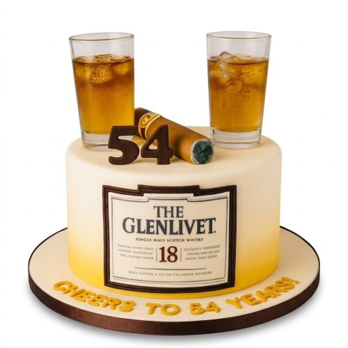 Round adult birthday cake with whiskey glasses, cigar, and custom age numbers.