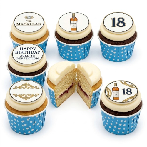 Whisky themed birthday cupcakes with Macallan bottle and logo toppers, "Aged to Perfection" message, and custom age topper.