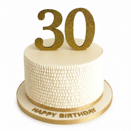 Round cream birthday cake with gold ruffles, a custom age topper, and 'Happy Birthday' message.