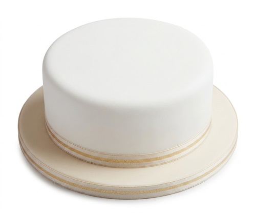 Round white celebration cake with a gold ribbon around the base and on the cream cake board.