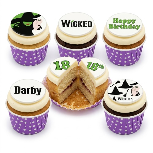 Wicked musical themed cupcakes with witch hats, logo, and custom age/name toppers.