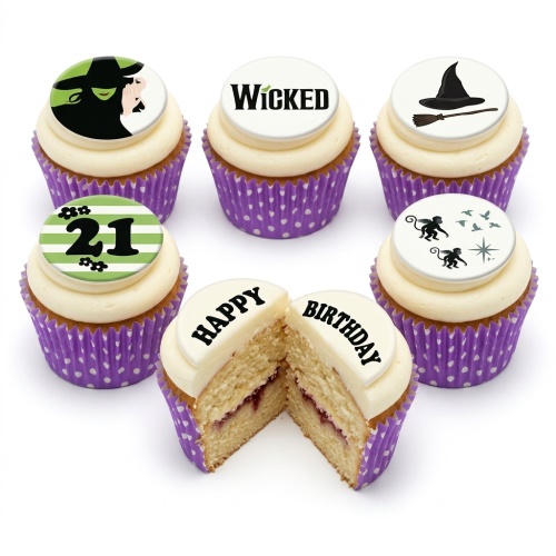 Wicked Musical themed birthday cupcakes with witch, logo, hat, broom, and flying monkey toppers.
