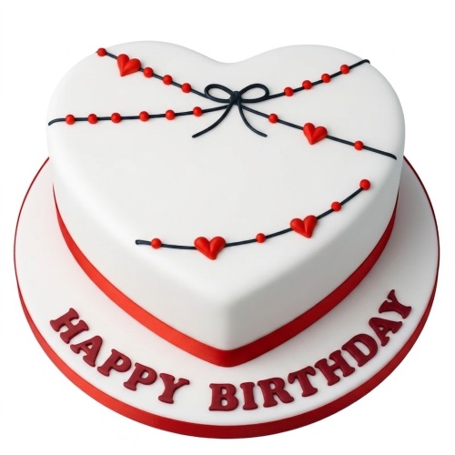White heart-shaped birthday cake with red hearts, red beads, black lines, and a black bow, with "Happy Birthday" written on the board.